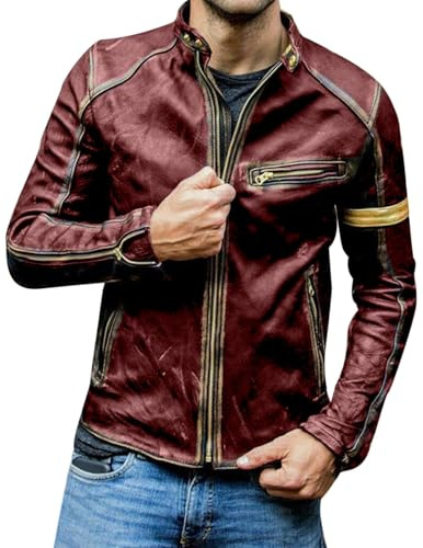 Chaqueta de moto para hombre de piel, chaqueta de piel para hombre, vintage, chaqueta bomber, cuello alto, sudadera cómoda, camiseta de manga larga, para el tiempo libre, sin capucha, chaqueta de