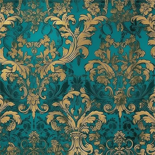 Teal Green Gold Damask Flower Vintage Peel and Stick Wallpaper Contact Paper Vinyl Stick on Wall Paper for Bedroom Bathroom Kitchen Cabinet Renter Friendly