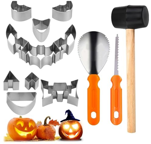 Tkxjry 13 Stück Halloween Kürbis Schnitzset, Kürbis Schnitzset, Pumpkin Carving Kit, Schnitzwerkzeug Kürbis mit Vorlagen, für Halloween Schnitzwerkzeug Ausstechformen