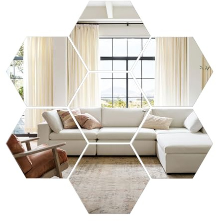 QEEYON 7 Pcs Self-Adhesive Mirror Tiles 2mm Thickened Acrylic Hexagon Mirrors Stick on Wall 16 x 14cm Flexible Mirror Sheets Plastic Mirror Tiles for DIY Home Decor Bathroom, Bedroom, Door