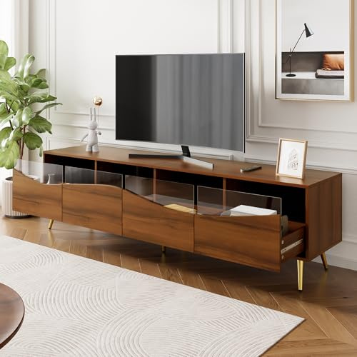 Witimisy Mueble de TV bajo para salón con iluminación LED y frontal de cristal, moderno con patas de metal doradas, 180 x 40 x 50 cm (color nogal)