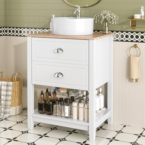 Merax Waschbecken mit Unterschrank, Badezimmer Waschtischunterschrank mit Keramik Rundbecken, mit 2 Schubladen & offenem Ablagefach, Stehendes Waschbeckenunterschrank, Weiß und Holzoptik, 60x45x91 cm