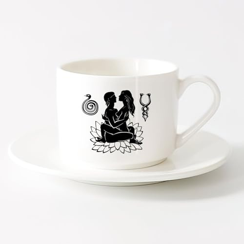 AYUEHBN Coffee Mugs Tea Coffee Mug Cups Love Couple Lotus Sanskrit （6oz/175ml） Coffee, Tea, Latte, Milk, Cocoa, Juice and Other Hot Drinks，Sets Tea Cup with Saucers (White)