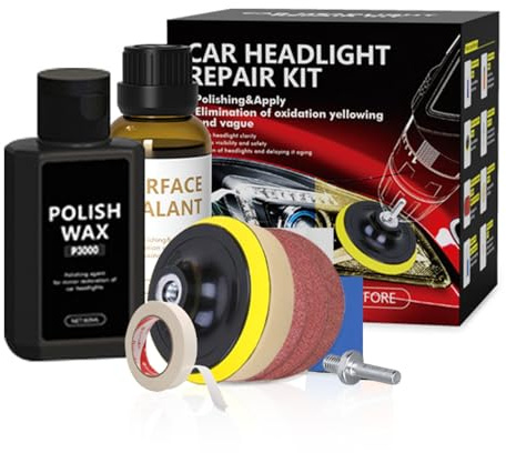 Scheinwerfer Aufbereitung Set, Scheinwerfer Polierset Kit Entfernung Schwerer Gelbwärbung, Trübung und Flecken, Headlight Restoration Kit mit UV-Schutz, Polierpaste, Schleifscheiben in 3 Körnungen