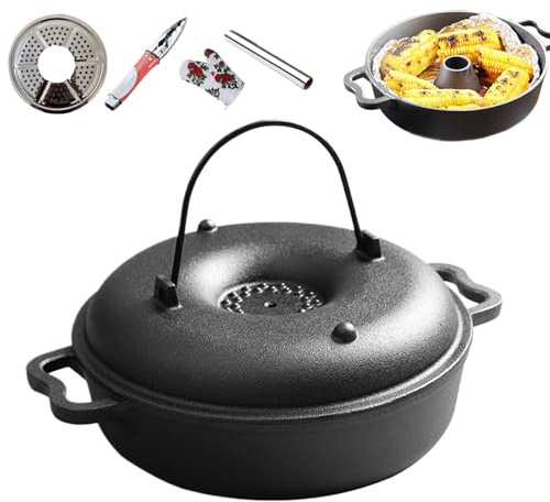 Calderone in ghisa – Pentola antiaderente resistente, coperchio per forno olandese, resistente al calore, per arrostire grigliare mais, patate, verdure, frutti di mare, barbecue, picnic