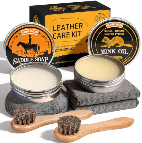 Nuroon 7 Pcs Leather Boots Care Kit-3.52oz Saddle Soap+3.52oz Mink Oil for Leather Shoes Cleaning and Leather Purse Shoes Polishing, Including 2pcs Horsehair Brushes, Shine Cloth and Sponge Pad