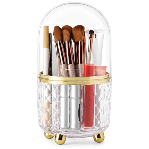 FAVORTALK Make Up Brush Holder 360 Rotating Makeup Brush Holder Organizer Dustproof Brushes Container for Vanity Cosmetics with Clear Lid (Gold)