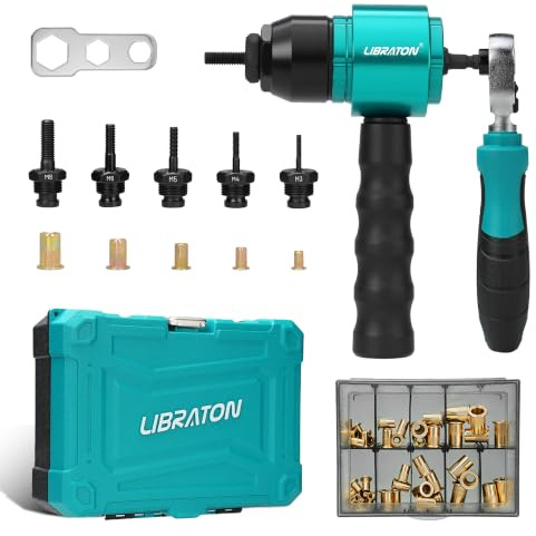 LIBRATON Rivet Nut Drill Adapter & Ratchet Wrench Set, Rivnut Tool Kit | M3-M8 Cordless Rivet Nut Drill Attachment, 5 Mandrels, 50 Nuts, Quick Change, for DIY & Auto Repair with Carrying Case