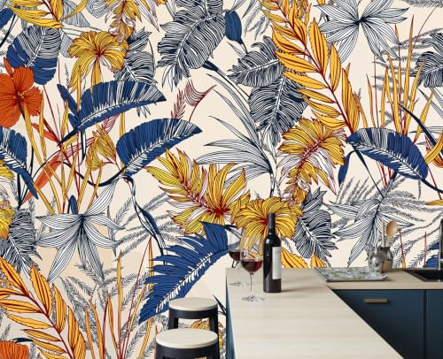 Papel Pintado De Mural Seda - Hojas De Palma Flores Tropicales, Fotomurales Plantas Americanas Antiguas, Amarillo Anaranjado Decorativos Murales Papel Tapiz Fotográfico Dormitorio Oficina 200x140cm