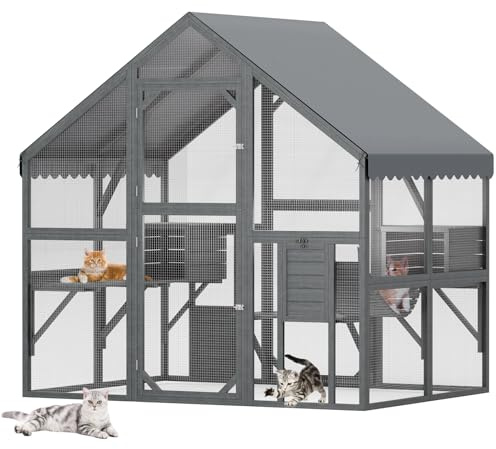 ESLOHNT Katzengehege aus Holz für Draußen,186 x 140 x 188 cm | mit Wasserdichtem Dach,Brücken und Kleine Katzenhäuser,Kompatibel mit Wandtierklappe
