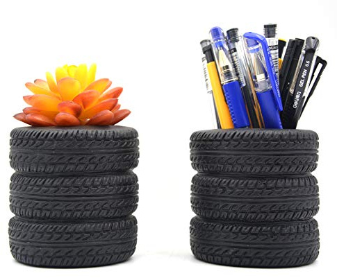 MONMOB Tire Shaped Planter Pencil Holder Pen Holder for Desk Home Office Accessories Organizer Tire Succulent Cactus Planter Pot (Pack of 2)