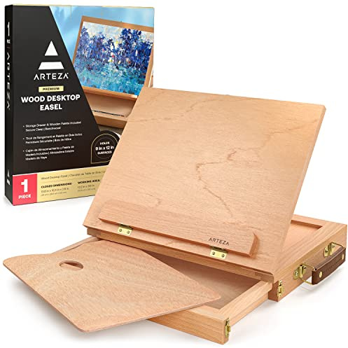 Arteza Chevalet en bois avec tiroir et palette | Chevalet de table bois de hêtre | 34 x 26,1 cm | Idéal pour croquis, peintures et dessins | Chevalet peinture acrylique ou aquarelle angle ajustable