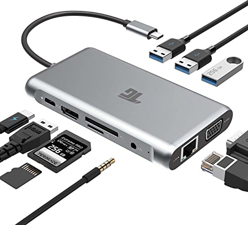 USB C Hub, USB C Adapter, Tiergrade 10 in 1 Thunderbolt 3 Typ C Adapter, 100W PD 3.0 mit 4K HDMI, RJ45 Ethernet, USB 3.0 Ports, TF/SD-Kartenleser, VGA, Audio-Mikrofonanschluss
