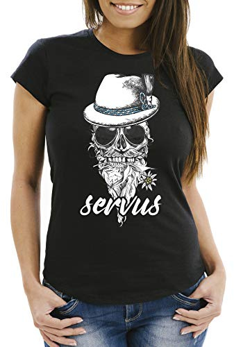 MoonWorks® Damen T-Shirt Aufdruck Totenkopf Filzhut Bayern Skull Blume Servus Schriftzug Fun-Shirt Frauen