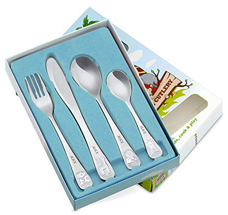 Maverton Kinderbesteck Set mit Gravur - mit Tieren - 4 teiliges Besteck Set für Kinder ab 3 Jahren - Geschenk für Mädchen und Jungen - spülmaschinengeeignet - Weihnachtsgeschenke - aus Edelstahl