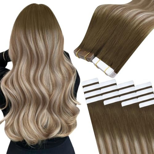 Easyouth Tape Echthaar Extensions Braun Balayage Echthaar Tapes Extension Remy Dunkelbraun Aschbraun Ombre Mittelblond Tape Remy Extension Unsichtbar #3/8/22 45cm 40g