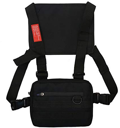 Maijia - Bolsa de pecho para hombre con correa táctica para la cintura, paquete frontal, arnés de radio, función hip hop, paquete de plataforma de pecho (negro)
