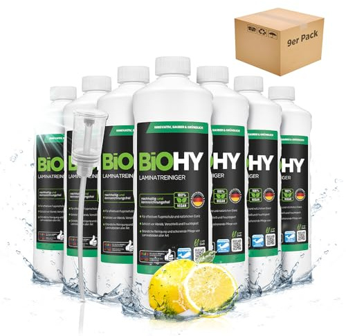 BiOHY Nettoyant pour stratifiés (9 x 1l Bouteille) + Distributeur | Soin du bois précieux grâce à une combinaison de tensioactifs spécialement adaptée | réduit le resalissement (Laminatreiniger)