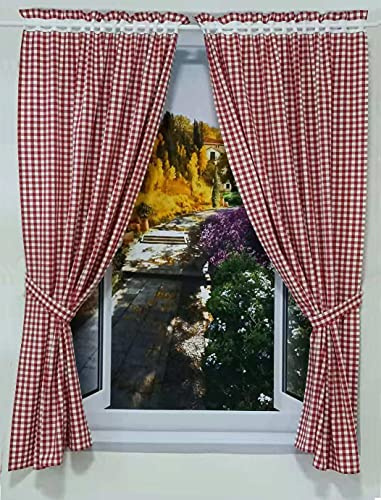 Yaland Gardiner med rutmönster, lantlig stil, gardiner, rutig, storlek 1 x 1 cm, vardagsrum, gardinhalsdukar med gardinomtag (H x B 120 x 100 cm, röd) 2 stycken