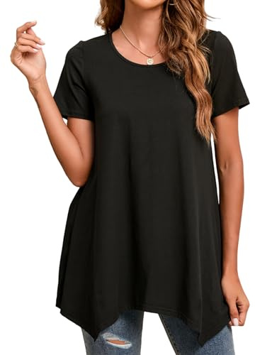 Enmain Dam vardaglig tunika toppar långärmad damer lång tunika blus skjortor rund hals plus storlek tunika klänning flytande t-shirt för kvinnor, S-3XL, Z02- Svart, XXL