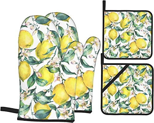 Guanti da forno e presine set 4 pezzi, guanti da forno vintage frutta gialla limone resistenti al calore antiscivolo per cucina cottura grigliare cottura
