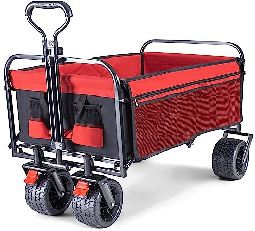 BedStory All Terrain Wheels With Brakes Collapsible Beach Trolley with 176LBS Large Capacity, Folding Wagon Cart Festival Trolley for Camping Picnic Outdoor, Black+red, 77.5x59x19 cm (ODC001)