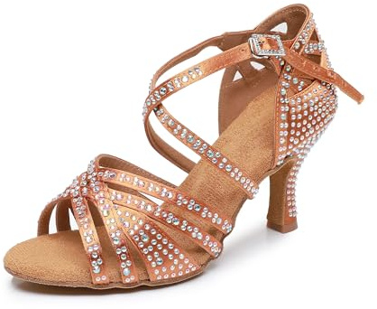Rosefinch Dam latinsk dans strass skor mjuk botten modern poleddans balsal dans bröllopsskor 5/7 cm högklackade justerbara latinska skor för flickor damer, Brun 7 cm klack, 38.5 EU