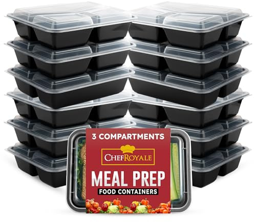 CHEF ROYALE Pack of 12, 3 Compartments Meal Prep Containers- 28oz BPA Free Reusable Storage Containers with Airtight Lids - Microwave, Freezer, and Dishwasher Safe - Stackable Lunch Boxes (12 Pack)