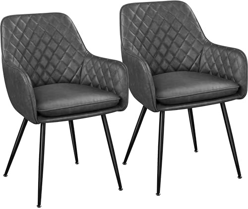 Yaheetech Esszimmerstühle 2er Set Küchenstühle, Polsterstühle mit Armlehnen Metallbeine, Seesel aus Kunstleder für Arbeitszimmer/Wohnzimmer, Dunkelgrau, Kunstleder