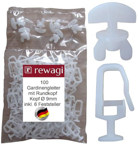 rewagi 100 Gardinengleiter mit Rundkopf Ø 9 mm & 6 Feststeller, Faltengleiter, Faltenlegehaken, Überklipshaken, Gardinenhaken für Gardinenschiene