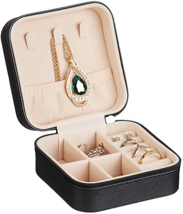 Relaxdays Valigetta Portagioie, Cofanetto Porta Gioielli da Viaggio, Organizer Anelli e Collane, 5 x 10 x 10 cm, Nero