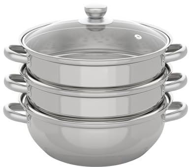 SICHENSH 3 Lagiger Edelstahl Dampfgarer Schongarer mit Glasabdeckung Dampfkocher Geeignet für Alle Herdarten | EU Stock (Ø 28 cm)