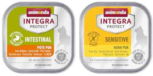 animonda Integra Protect Intestinal Katze, Diät Katzenfutter & animonda Integra Protect Katze Sensitive, Diät Katzenfutter, Nassfutter bei Futtermittelallergie, Huhn Pur, 16 x 100 g