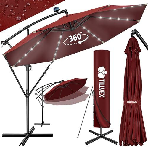 tillvex Parasol déporté LED solaire hexagonale 3M50 + manivelle, couverture, paravent | Pare-soleil avec pied | Protection UV en aluminium pour le jardin | Parasol à manivelle pour le marché déperlant