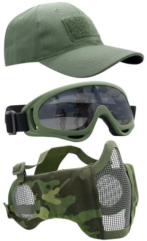 Yzpacc Airsoft Half Face Mask with Goggles& Patch Hat Set, Tactical Masks Full Face Ear Protective Baseball Cap for CS Halloween and Game (CPOD, 3PCS)