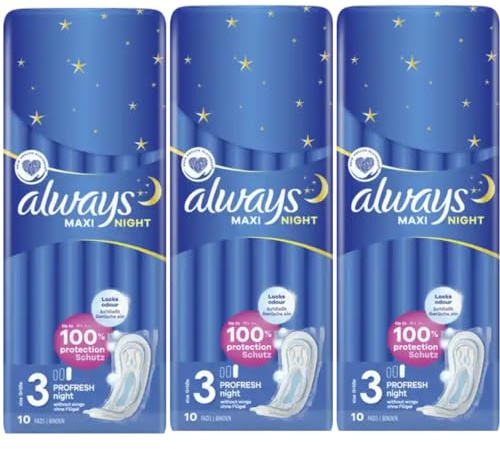 Maxi night PROFRESH night Binden ohne Flügel (Größe 3) Binden Pads Damenbinden 10 STÜCK x 3 Packungen