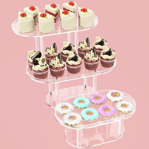 NiHome Clear Dessert Display Stands 3-Pack, Acrylic Cupcake Stands for Parties, Weddings, Birthdays, Easy to Clean and Assemble, 3 Sizes Versatile for Cakes, Candies