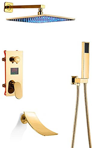 SaryEdge Set Doccia Dorato con Bocca per Vasca, soffione Doccia a Pioggia a LED con Doccia a Mano, Set di rubinetti per Doccia a Parete, Display della Temperatura a LED, 10 Pollici