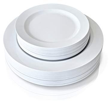 40pcs assiettes en plastique réutilisables 26cm grande assiette en plastique noir et 19cm petite assiette à dessert avec bord doré/argenté/or rose convient pour le mariage vaisselle de fête(blanche)