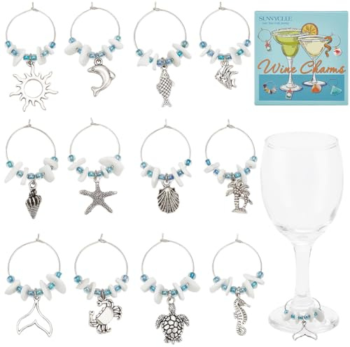 SUNNYCLUE 1 Box 12Pcs Ocean Wine Markers Charms Glass Identifiers Alloy Silver Summer Beach Hawaii Turtle Drink Identifier Tags Bulk for Stem Glasses Wine Tasting Gathering Gift Party Decor Supplies