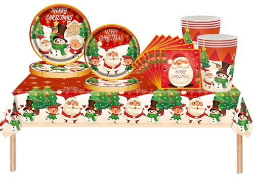 69 Pièces Vaisselle de Fête Noël,Assiettes Carton Jetable Gobelets Serviettesr en Papier et Nappe Plastique,Père Noël Vaisselle Jetable Recyclable Kit Rouge Decoration Xmas Fournitures de Fêtes