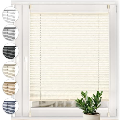 Sonello Plissee Crush Klemmfix ohne Bohren 75cm x 120cm Ecru Faltrollo Plisseerollo Jalousie für Tür & Fenster Blickdicht Sichtschutz Sonnenschutz Fertifplissee Rollo