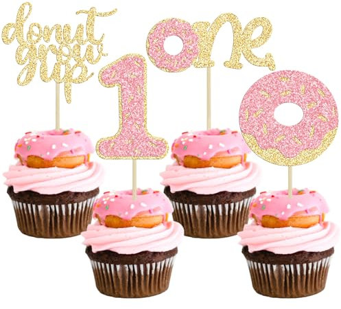 Ephlyn 24Pcs Multicolored Donut 1st Birthday Cupcake Toppers Glitter Cake Topper Decorations for Sweet One Theme Birthday Party Baby Shower Supplies