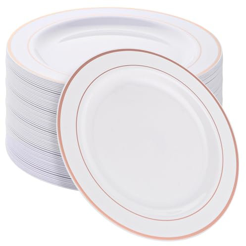 MUXHEL Lot de 40 Assiettes Blanches Réutilisables de 26 cm - Assiettes de Fête en Plastique Avec Bord Doré Rose