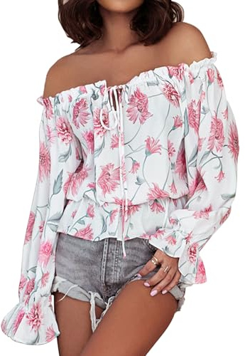 YNIQUE Women's Ruffle Sleeve Off Shoulder Ladies Blouse Summer Floral Print Casual T Shirts Fall 2024