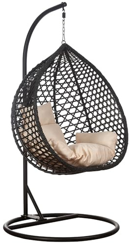 RAMROXX Luxus Hängesessel Style XXL Rattan Korb Gestell Schwarz mit Relaxkissen Beige