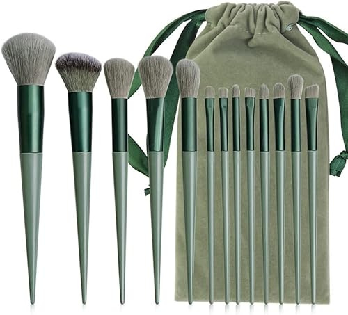 Juliyeh Set di 13 pennelli da trucco per fondotinta, cipria, ombretto, sopracciglia, set di pennelli professionali con set con borsa in peluche (verde)