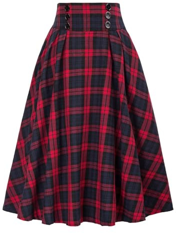 Onsoyours Rock Damen Blusenrock Damen Plaid Rock Schottenrock Damen Lang Retro Vintage Hohe Taille A-Linie Midi-Rock mit Taschen B Rot L
