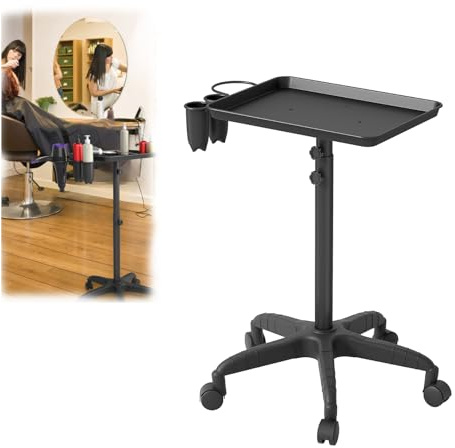 Aufun Höhenverstellbarer Salonwagen 71–105,5 cm, Kosmetikwagen mit Ablage & Stauraumfächern, Tattoo-Tablettwagen mit Rollen, Zubehör für Friseursalon, Kosmetikstudio, Spa-Dienstleistungen, Schwarz