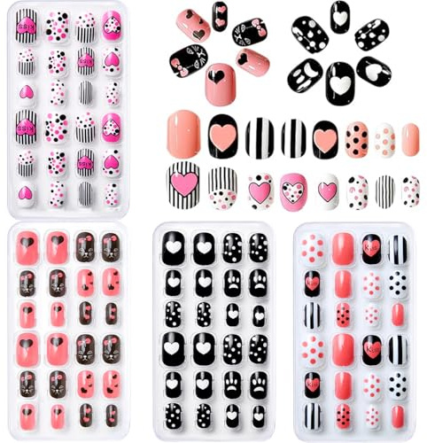 96 Stück Falsche Nägel für Kinder mit Nagelkleber - Pre Glue Full Cover Kurze Kindernägel Künstliche Nagelspitzen - Ready to Wear Press On Gel Nails für Kinder Mädchen (Schwarz Pink E, Kurz)